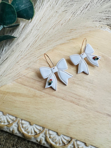 White Bow Dangle with Tiny Floral Accents